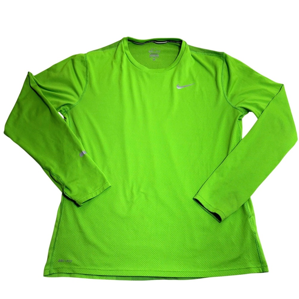 Nike Running Shirt Mens Medium Green Dri-FIT Long Sleeve Mesh Performance Top